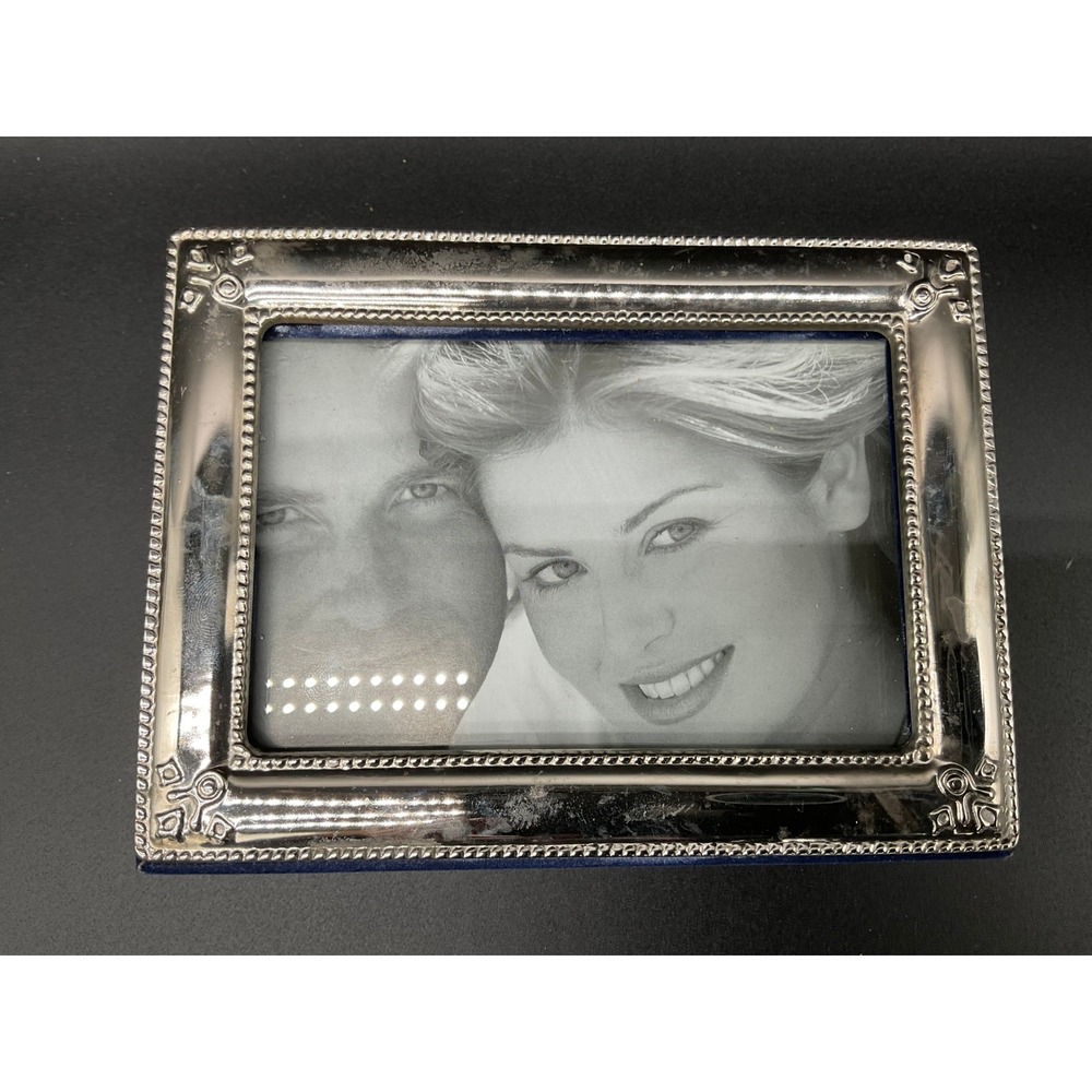 Silver Tone Picture‎ Frame Jewelry Box Velvet Lined Mirror Coquette Decor